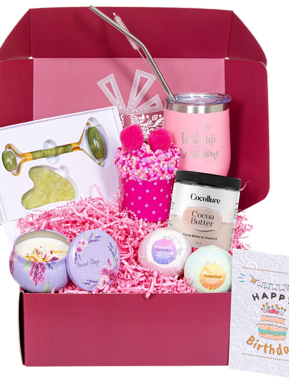 Happy birthday beauty box care package with 8 items candle, face roller, cream